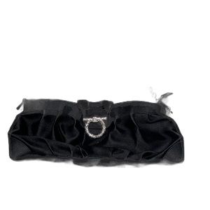 Black satin evening Ferragamo with silver tone hardware & crystal Ferragamo logo